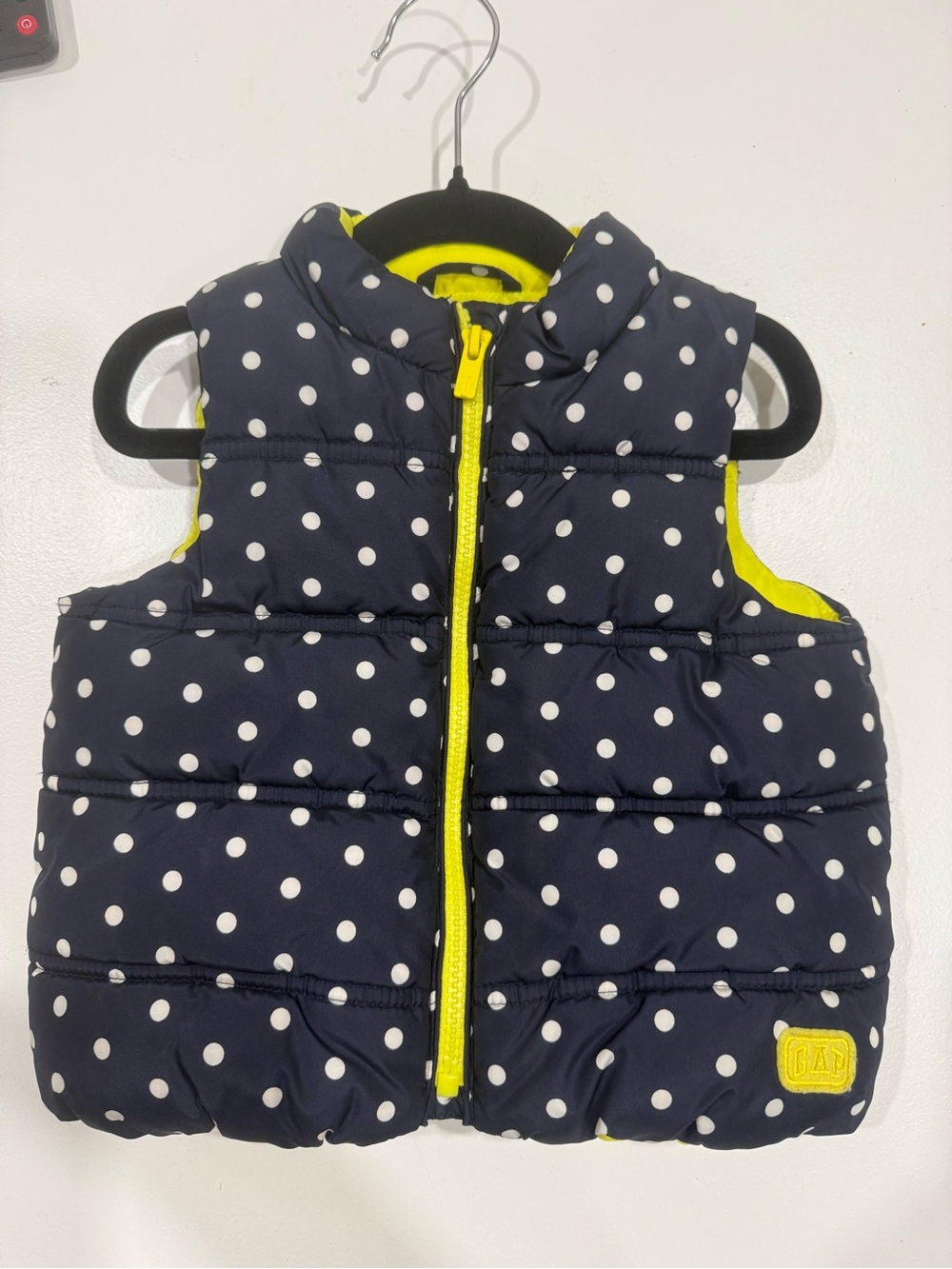 GAP Navy Polka Dot Puffer Vest with Yellow Trim